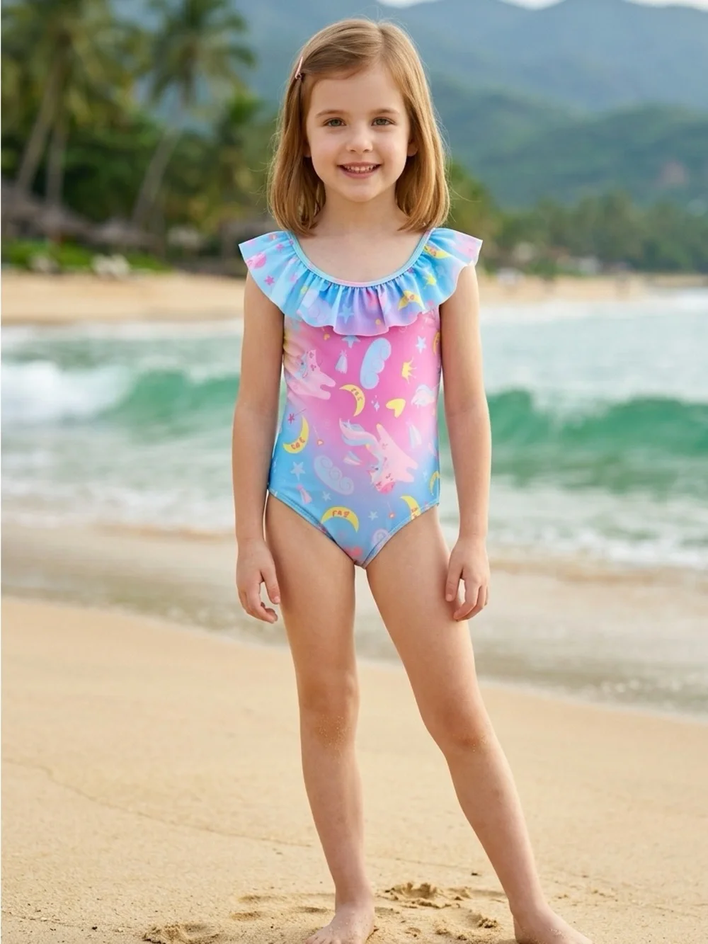 🚘 🆕 Ruffled Pink & Blue Kids One-Piece Swimsuit with Unicorn Print 6 yr